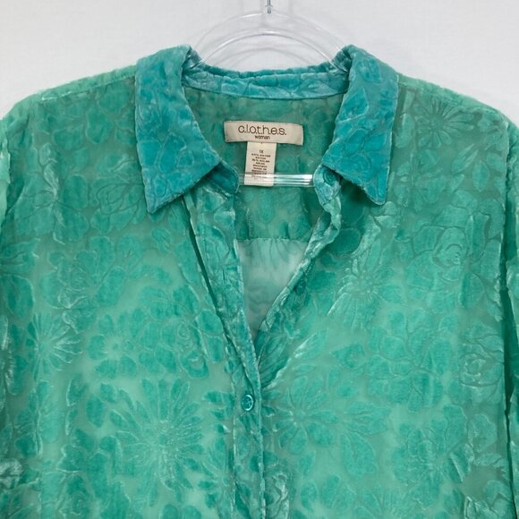 NWT Vintage C.l.o.t.h.e.s size 1X Kelly Green Floral Velvet Burn-out Button Down - Picture 3 of 11